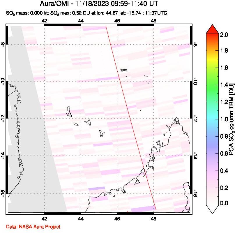 A sulfur dioxide image over Comoro Islands on Nov 18, 2023.