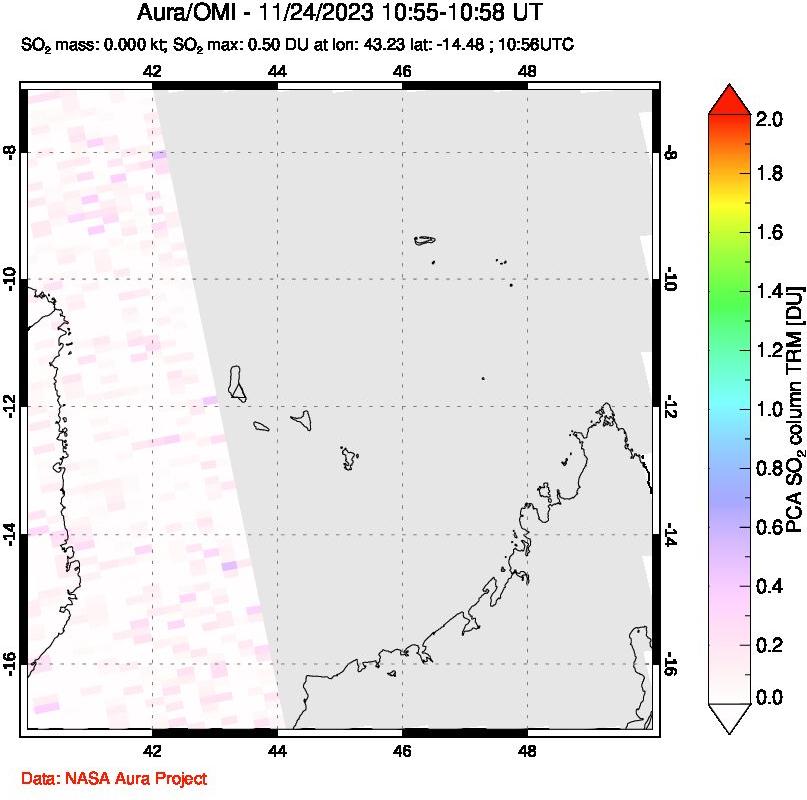 A sulfur dioxide image over Comoro Islands on Nov 24, 2023.