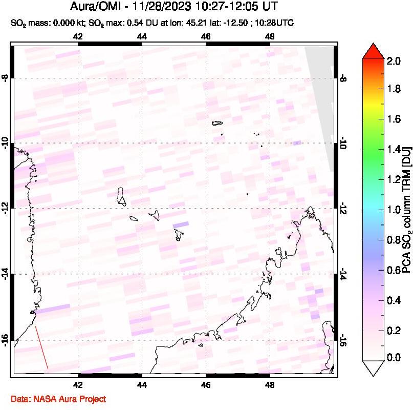 A sulfur dioxide image over Comoro Islands on Nov 28, 2023.