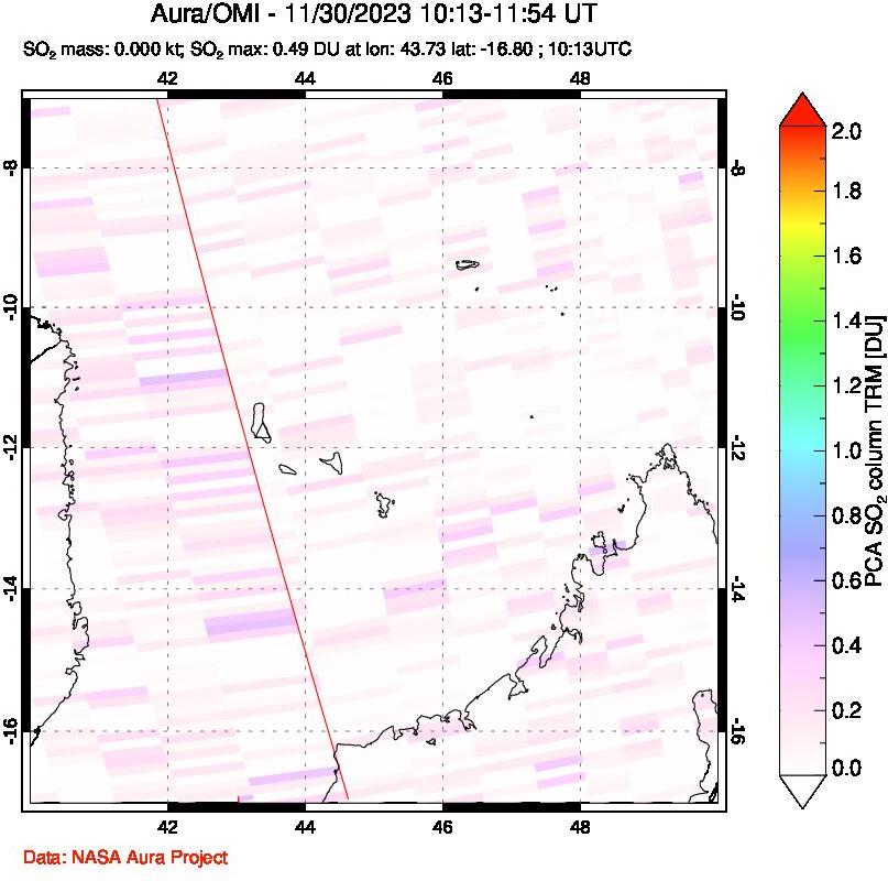 A sulfur dioxide image over Comoro Islands on Nov 30, 2023.