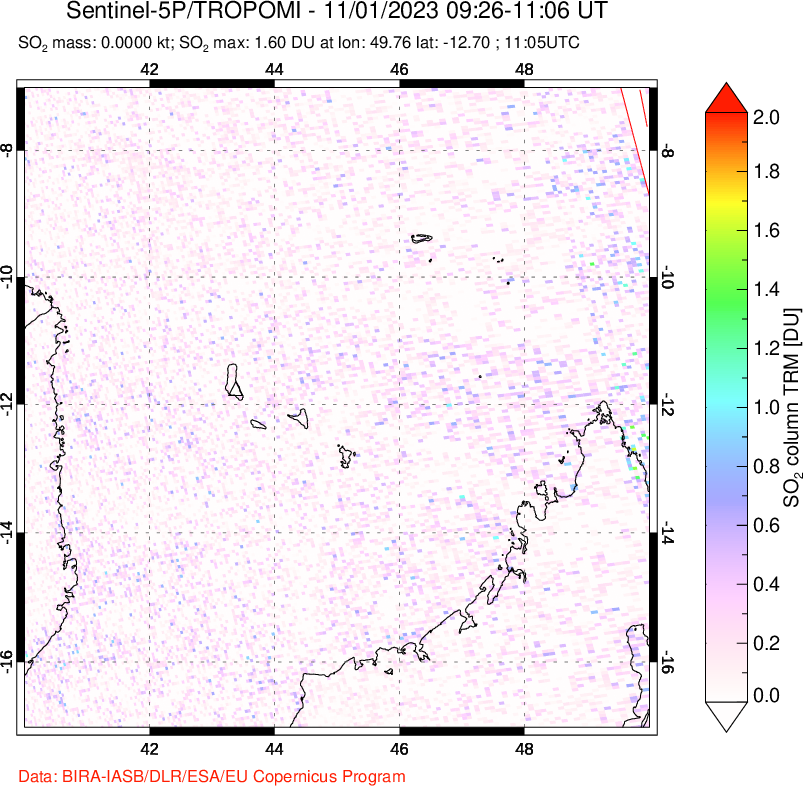 A sulfur dioxide image over Comoro Islands on Nov 01, 2023.