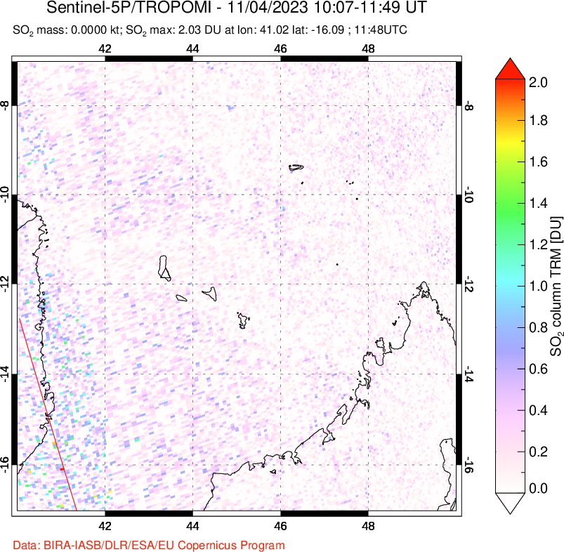 A sulfur dioxide image over Comoro Islands on Nov 04, 2023.