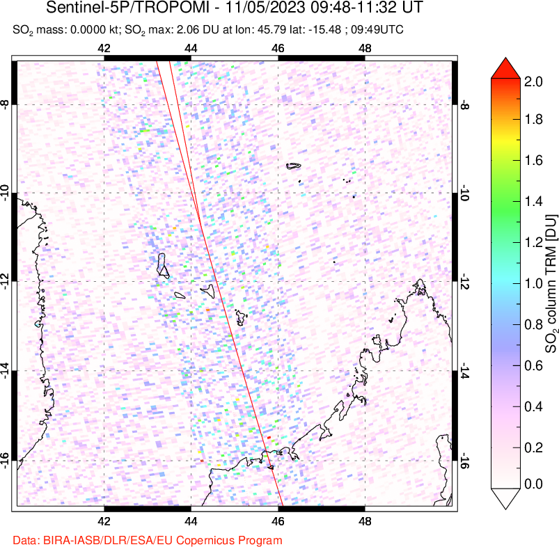 A sulfur dioxide image over Comoro Islands on Nov 05, 2023.