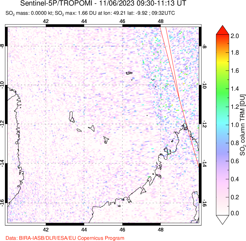 A sulfur dioxide image over Comoro Islands on Nov 06, 2023.