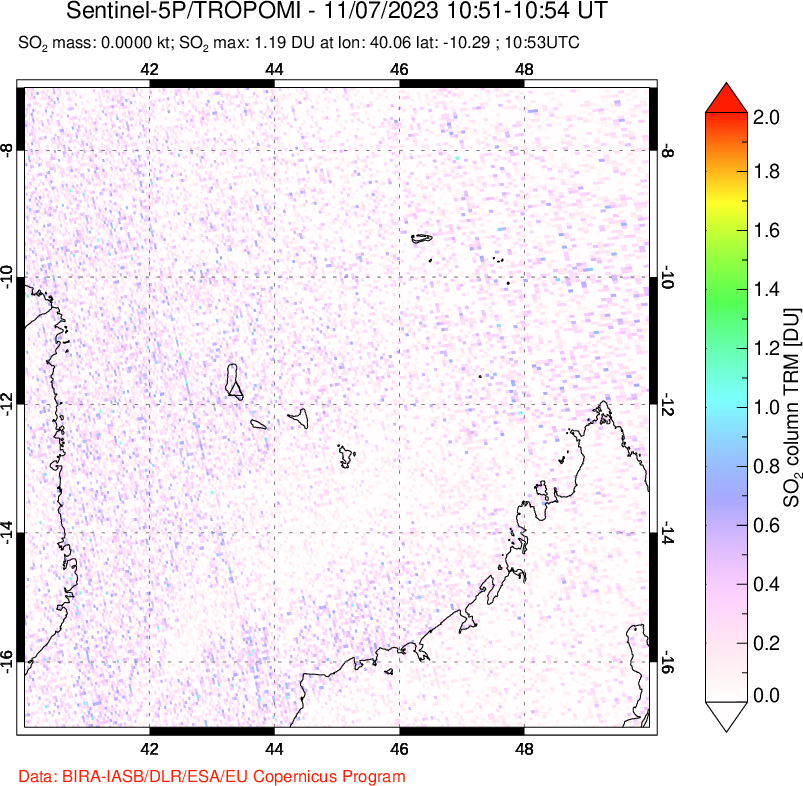 A sulfur dioxide image over Comoro Islands on Nov 07, 2023.