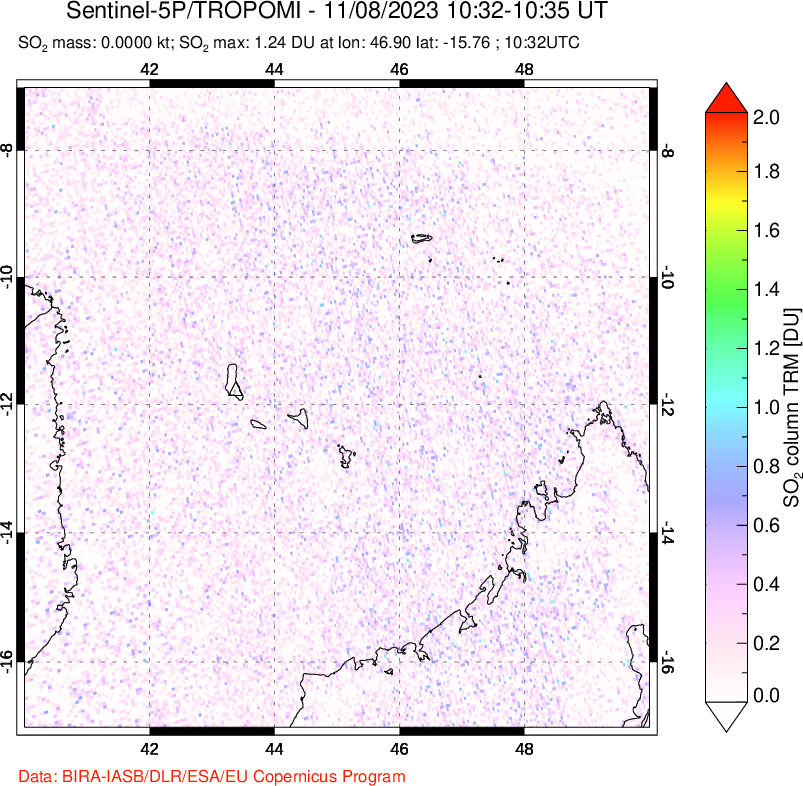 A sulfur dioxide image over Comoro Islands on Nov 08, 2023.