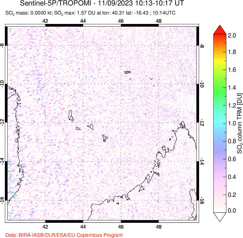 A sulfur dioxide image over Comoro Islands on Nov 09, 2023.