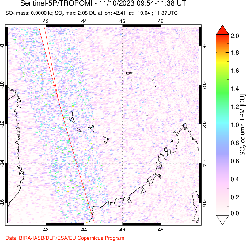 A sulfur dioxide image over Comoro Islands on Nov 10, 2023.