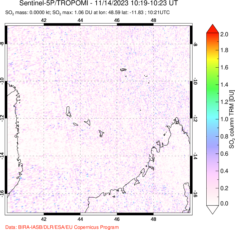 A sulfur dioxide image over Comoro Islands on Nov 14, 2023.