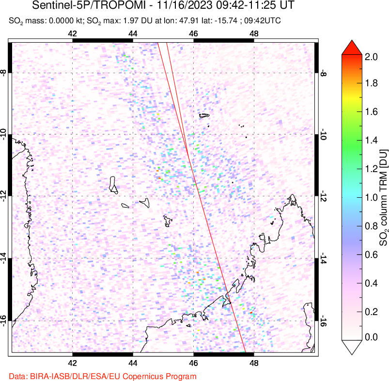 A sulfur dioxide image over Comoro Islands on Nov 16, 2023.