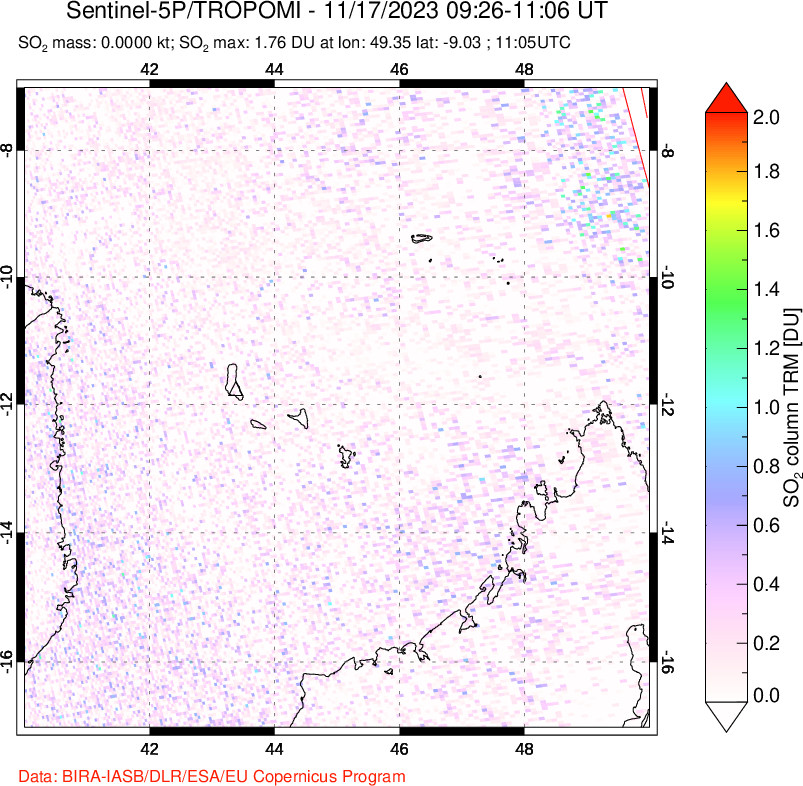 A sulfur dioxide image over Comoro Islands on Nov 17, 2023.