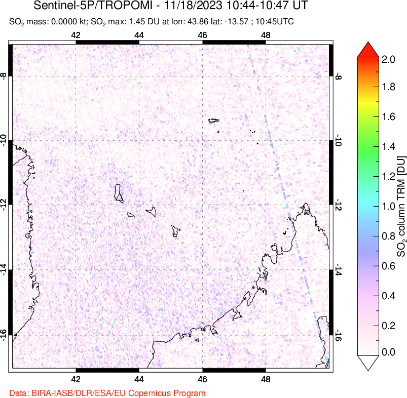 A sulfur dioxide image over Comoro Islands on Nov 18, 2023.