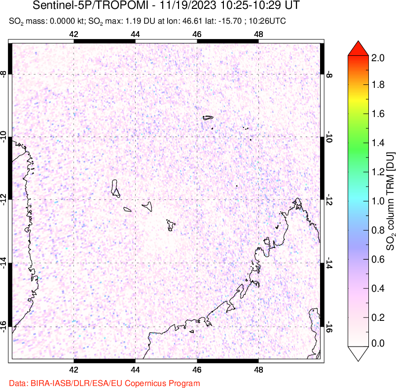 A sulfur dioxide image over Comoro Islands on Nov 19, 2023.