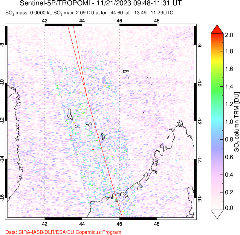 A sulfur dioxide image over Comoro Islands on Nov 21, 2023.