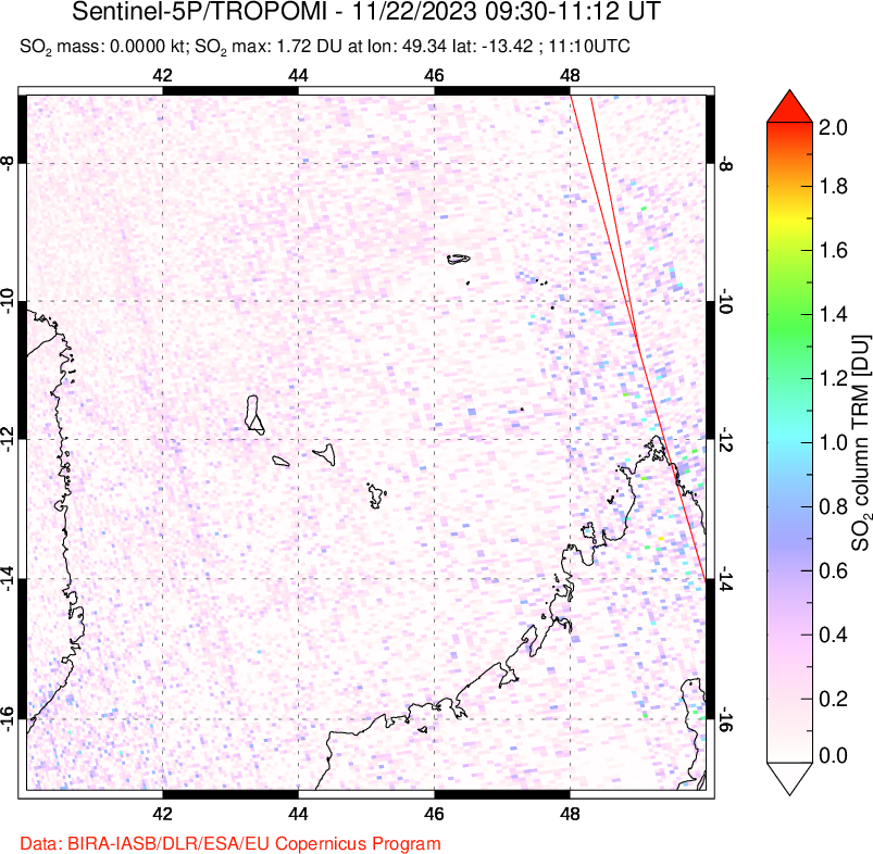 A sulfur dioxide image over Comoro Islands on Nov 22, 2023.