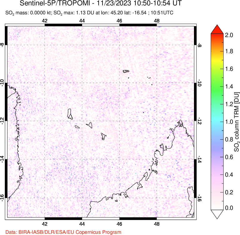 A sulfur dioxide image over Comoro Islands on Nov 23, 2023.