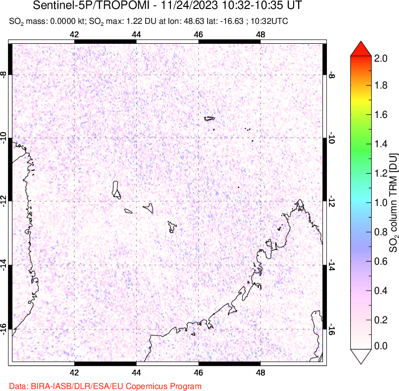 A sulfur dioxide image over Comoro Islands on Nov 24, 2023.