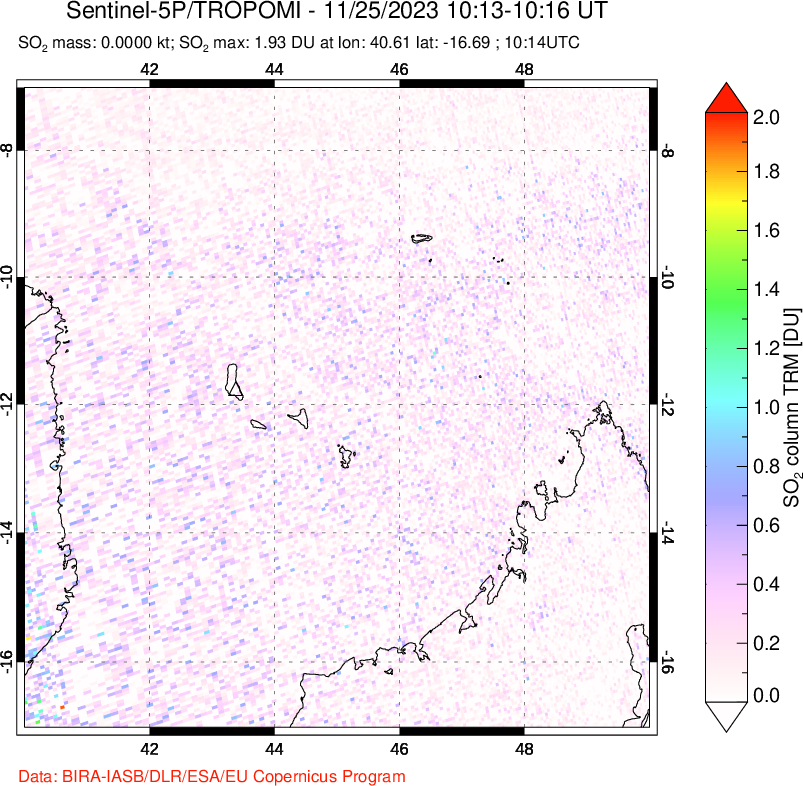 A sulfur dioxide image over Comoro Islands on Nov 25, 2023.