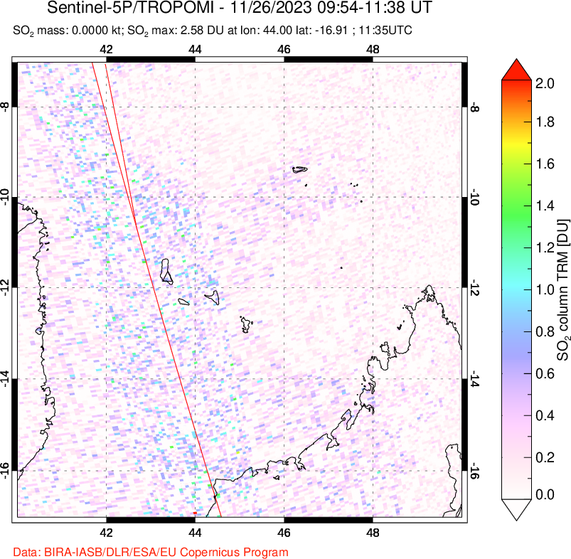 A sulfur dioxide image over Comoro Islands on Nov 26, 2023.