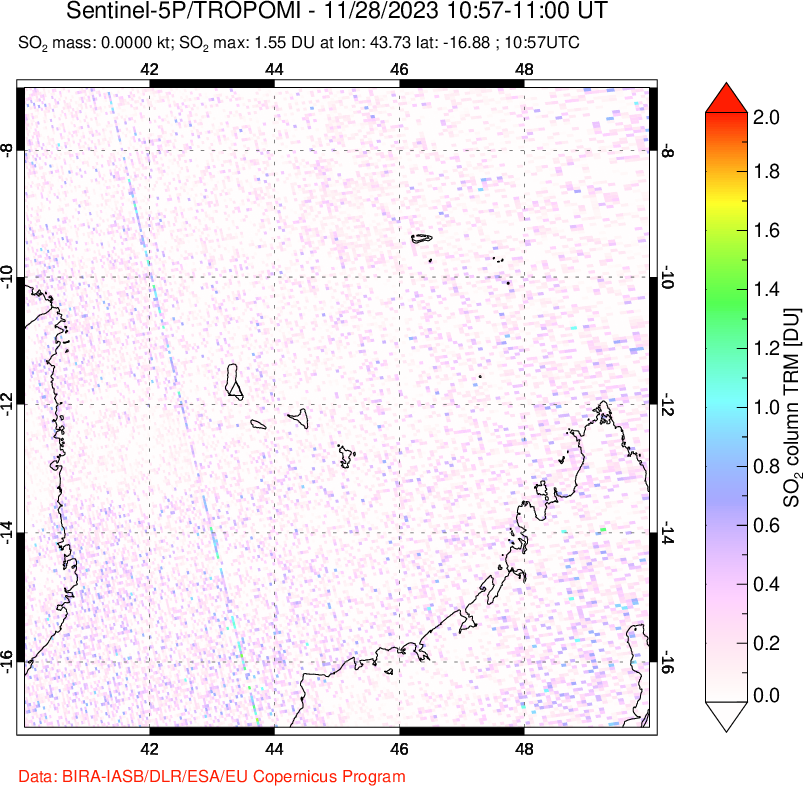 A sulfur dioxide image over Comoro Islands on Nov 28, 2023.