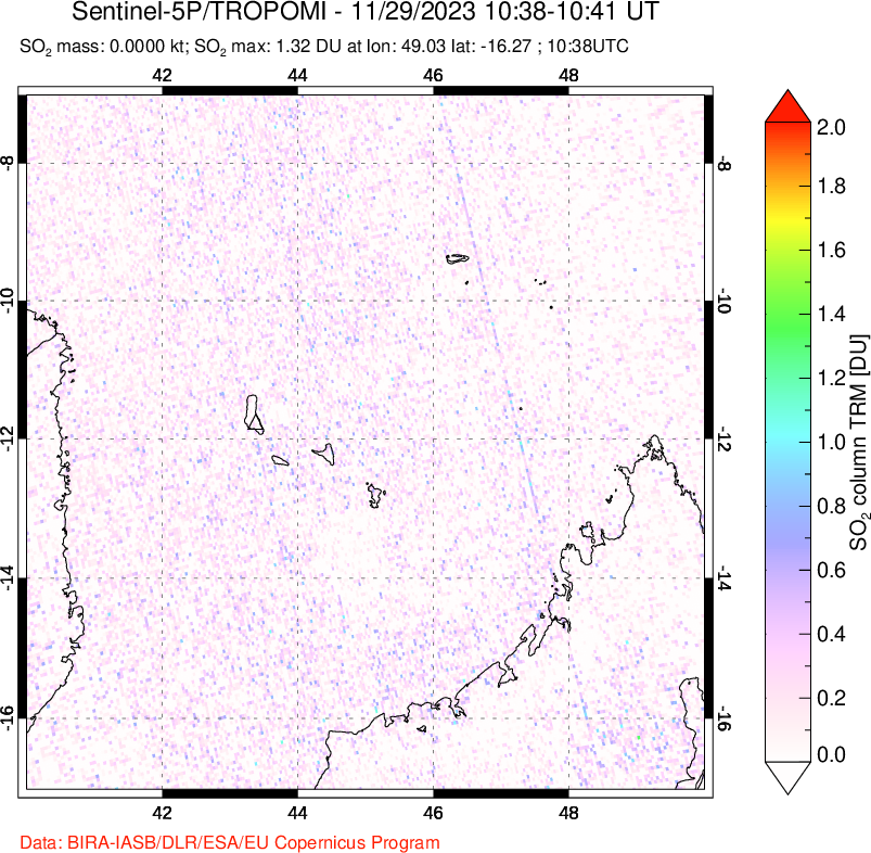 A sulfur dioxide image over Comoro Islands on Nov 29, 2023.