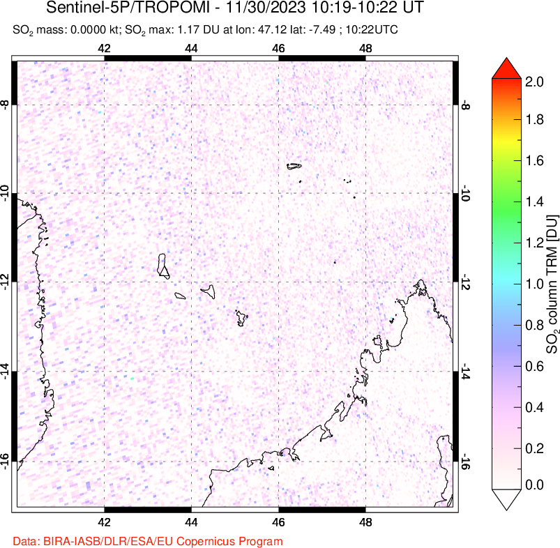 A sulfur dioxide image over Comoro Islands on Nov 30, 2023.