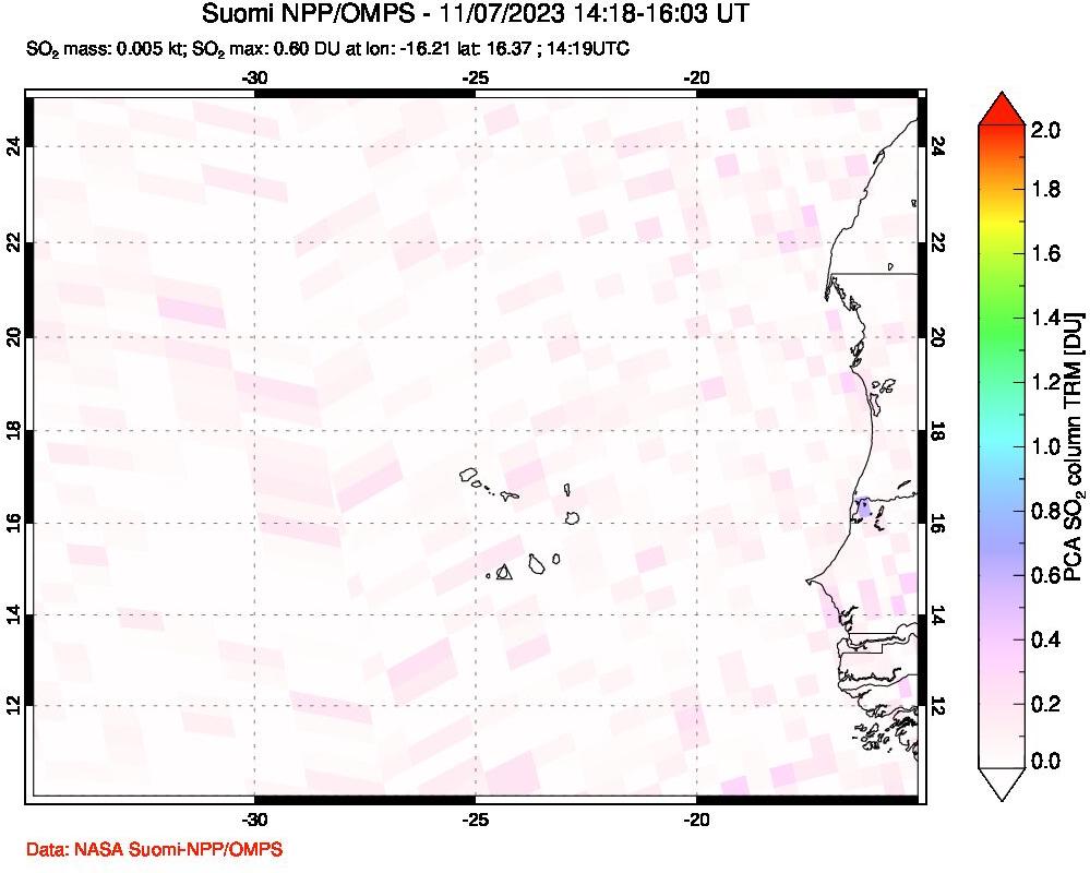 A sulfur dioxide image over Cape Verde Islands on Nov 07, 2023.