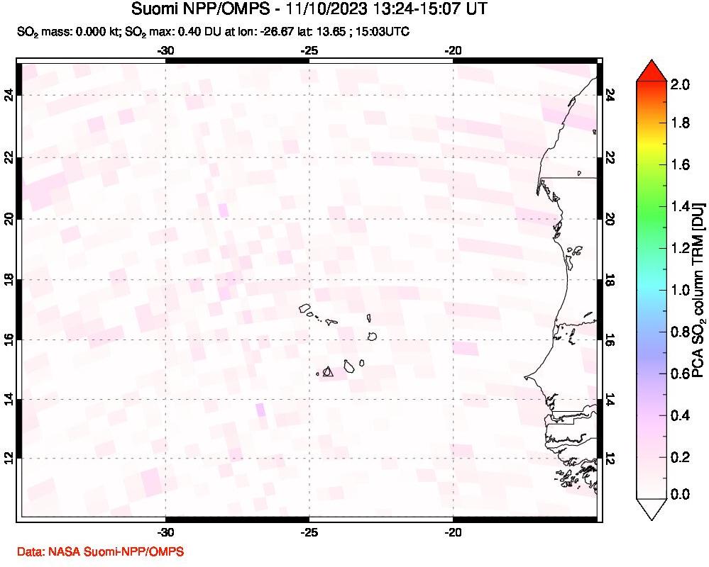 A sulfur dioxide image over Cape Verde Islands on Nov 10, 2023.