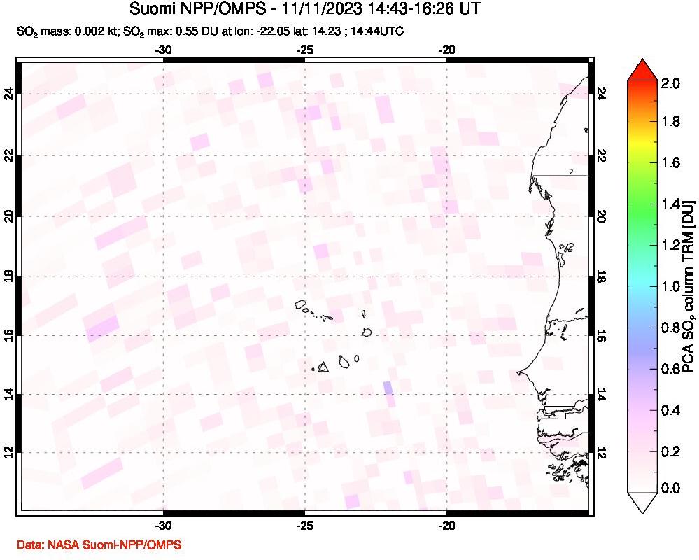 A sulfur dioxide image over Cape Verde Islands on Nov 11, 2023.