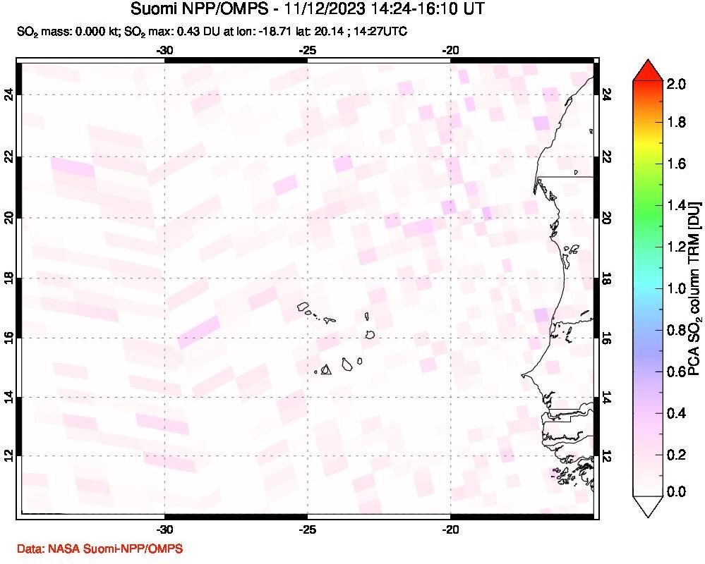 A sulfur dioxide image over Cape Verde Islands on Nov 12, 2023.