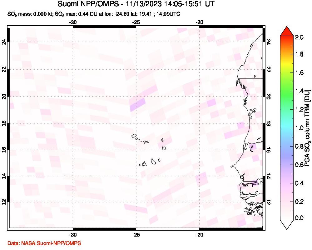 A sulfur dioxide image over Cape Verde Islands on Nov 13, 2023.