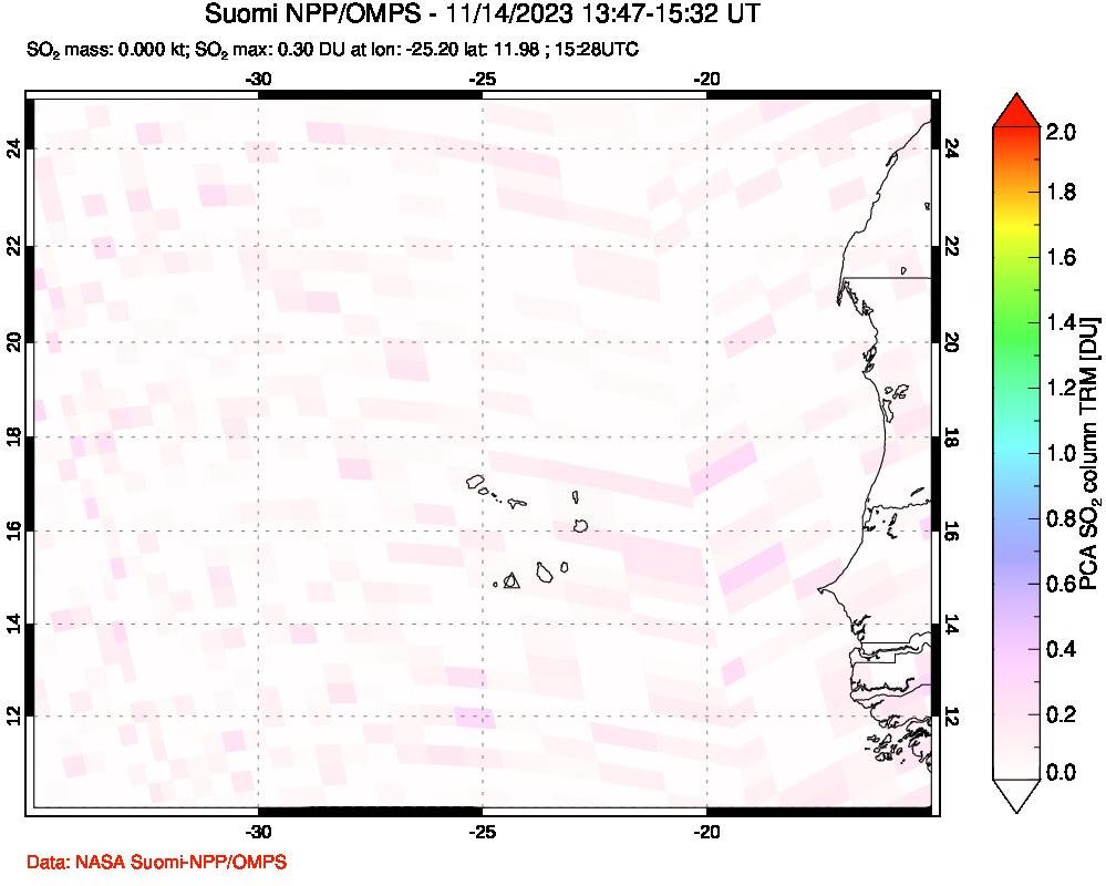 A sulfur dioxide image over Cape Verde Islands on Nov 14, 2023.