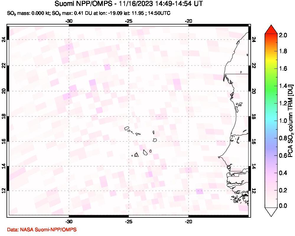 A sulfur dioxide image over Cape Verde Islands on Nov 16, 2023.