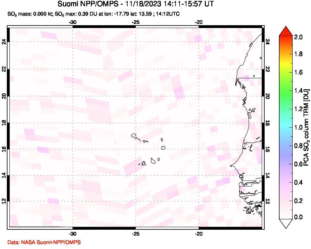 A sulfur dioxide image over Cape Verde Islands on Nov 18, 2023.