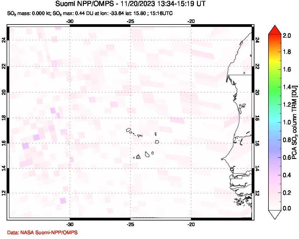 A sulfur dioxide image over Cape Verde Islands on Nov 20, 2023.