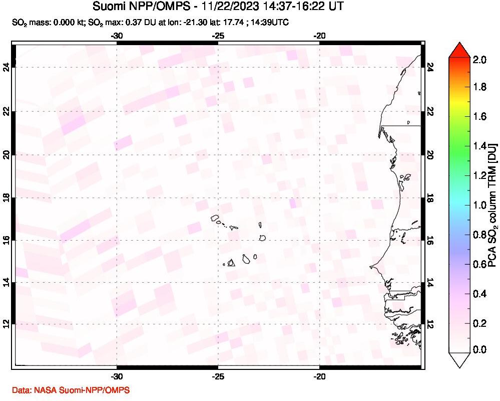 A sulfur dioxide image over Cape Verde Islands on Nov 22, 2023.