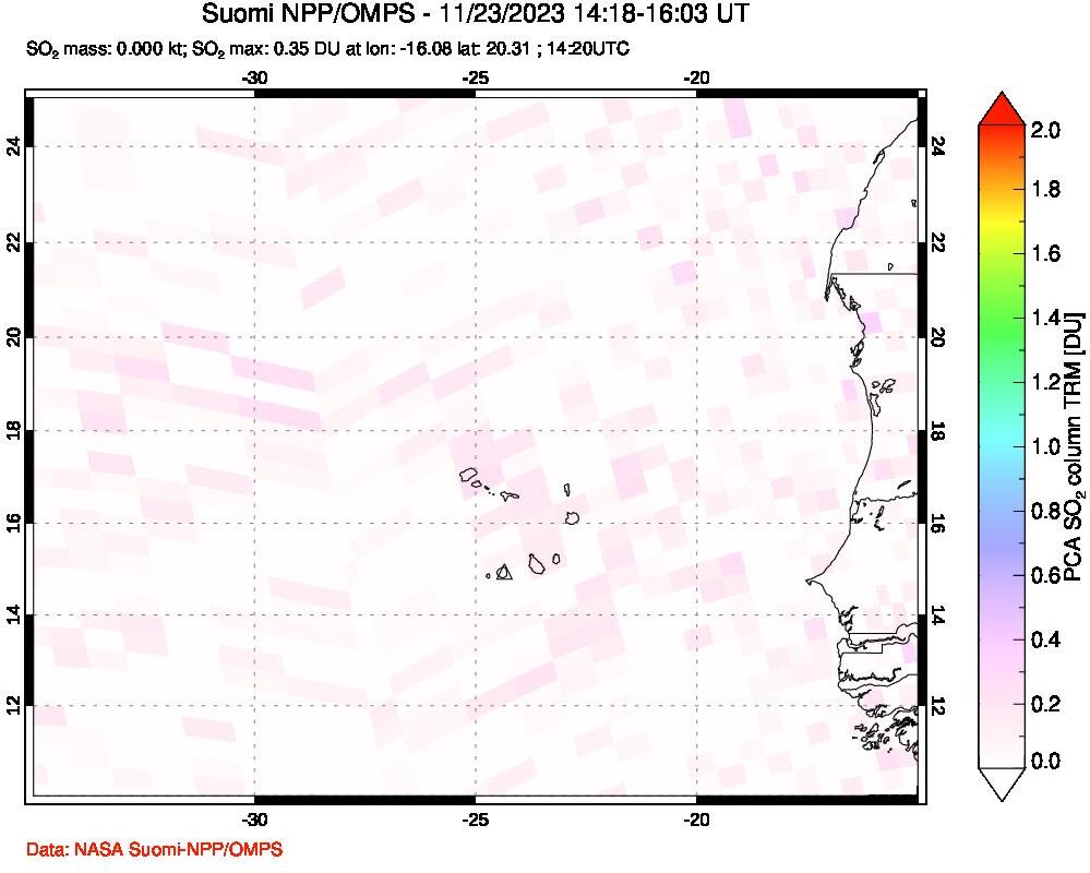 A sulfur dioxide image over Cape Verde Islands on Nov 23, 2023.