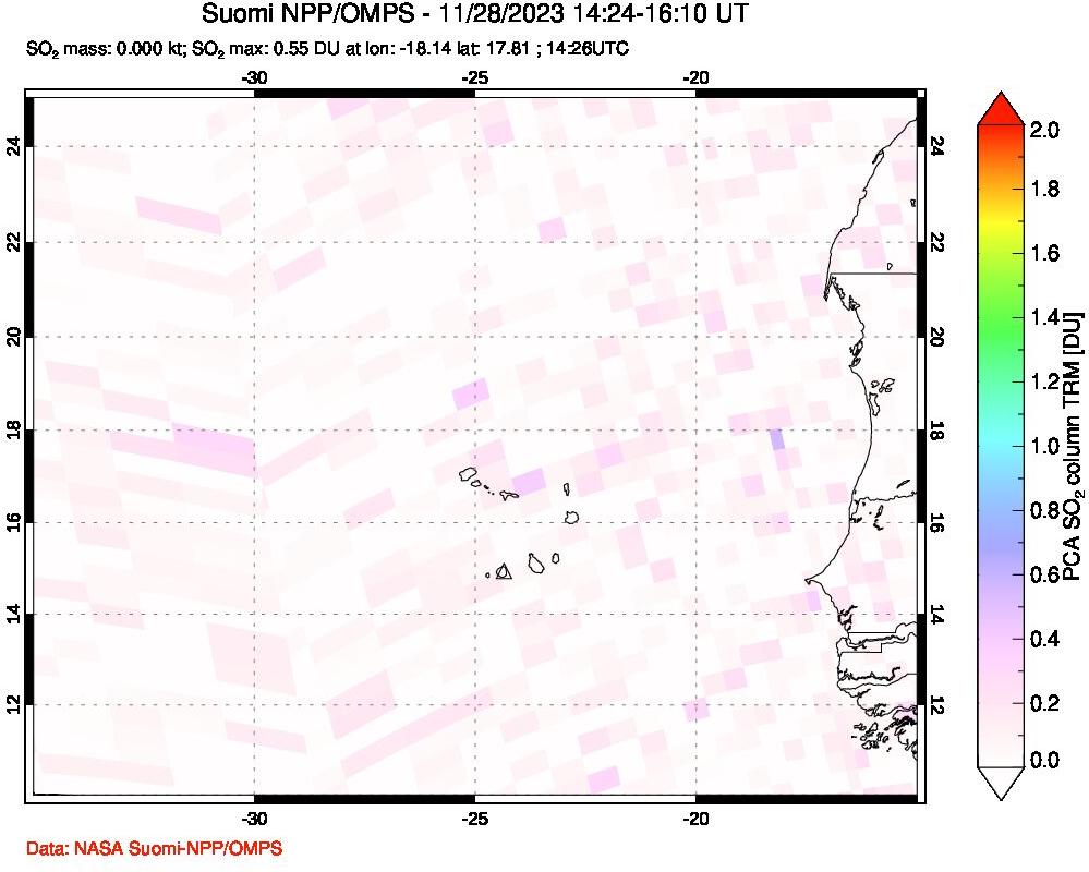 A sulfur dioxide image over Cape Verde Islands on Nov 28, 2023.