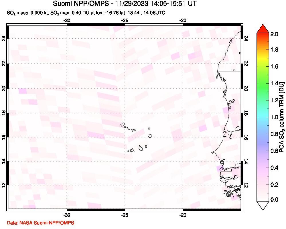 A sulfur dioxide image over Cape Verde Islands on Nov 29, 2023.