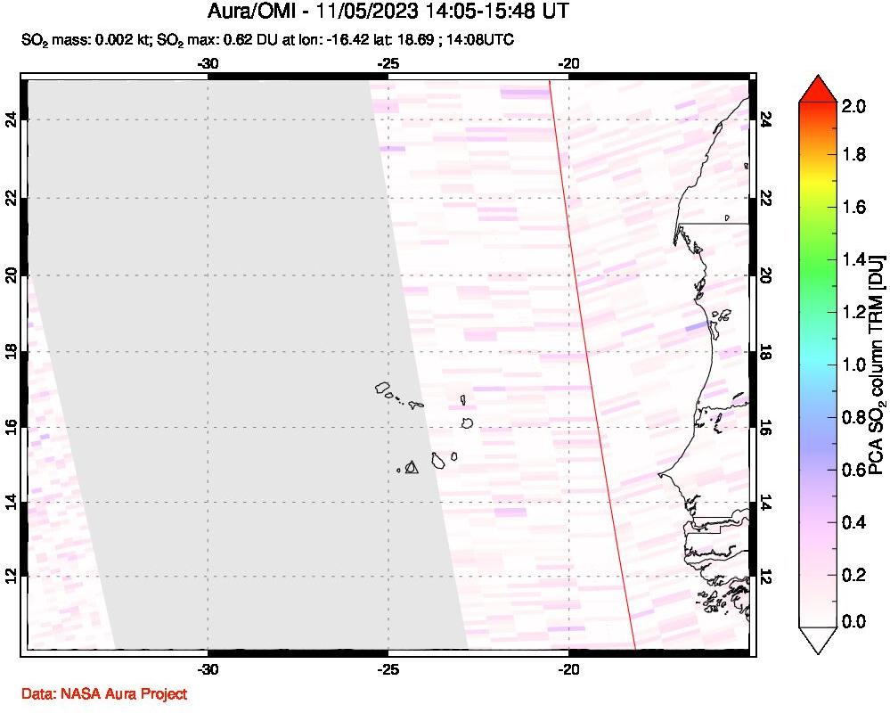 A sulfur dioxide image over Cape Verde Islands on Nov 05, 2023.