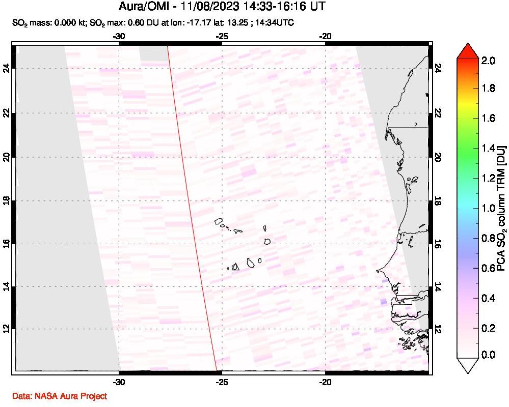 A sulfur dioxide image over Cape Verde Islands on Nov 08, 2023.
