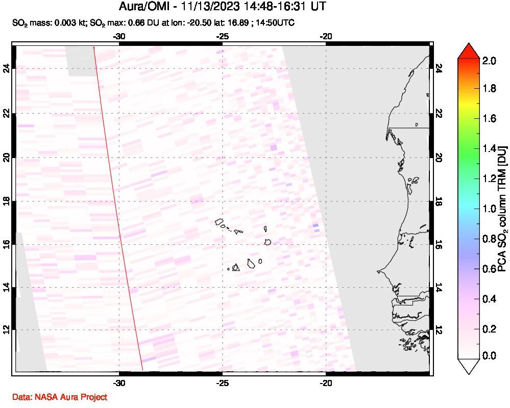 A sulfur dioxide image over Cape Verde Islands on Nov 13, 2023.