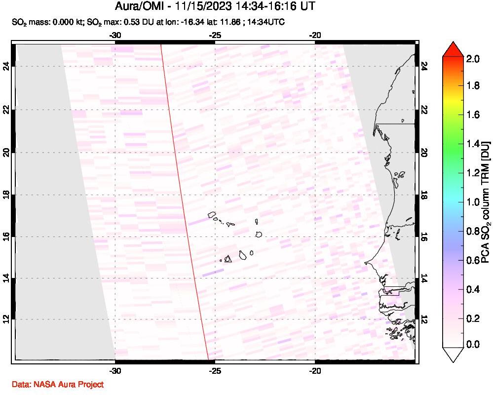 A sulfur dioxide image over Cape Verde Islands on Nov 15, 2023.