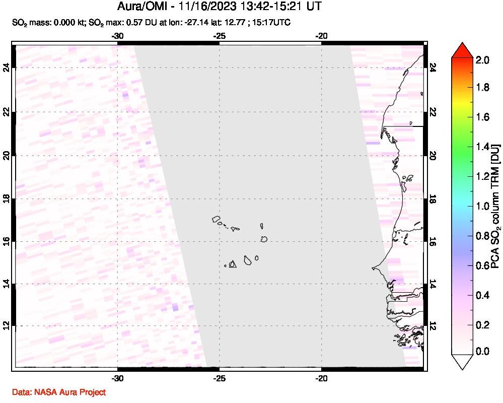 A sulfur dioxide image over Cape Verde Islands on Nov 16, 2023.
