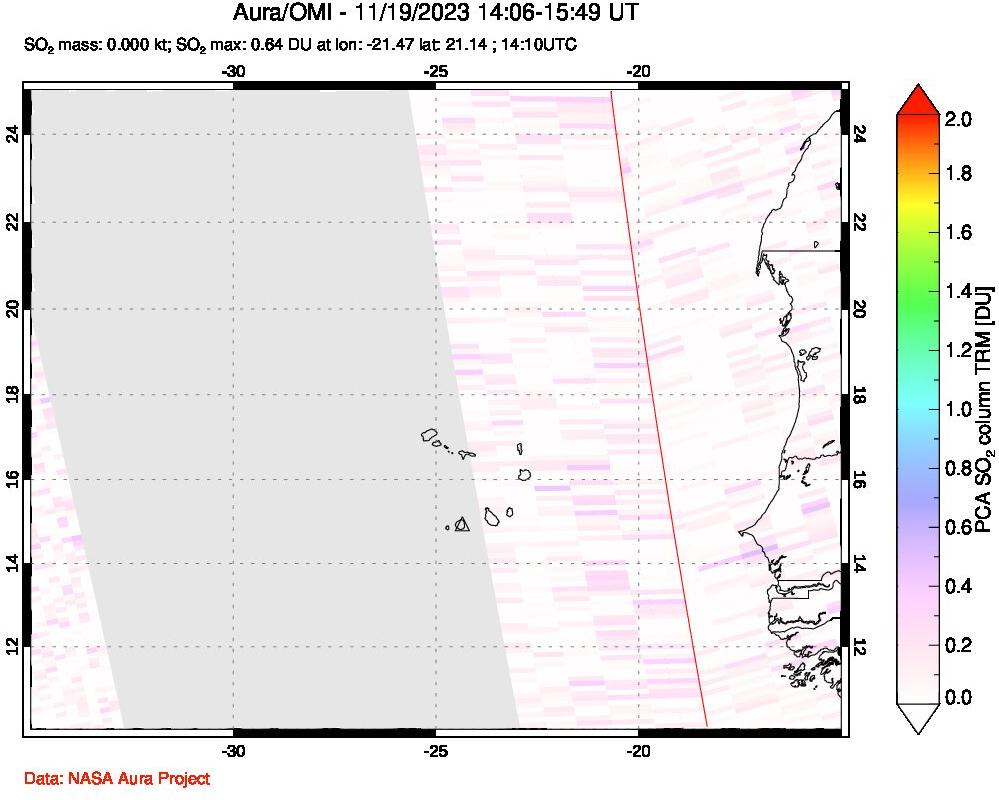 A sulfur dioxide image over Cape Verde Islands on Nov 19, 2023.