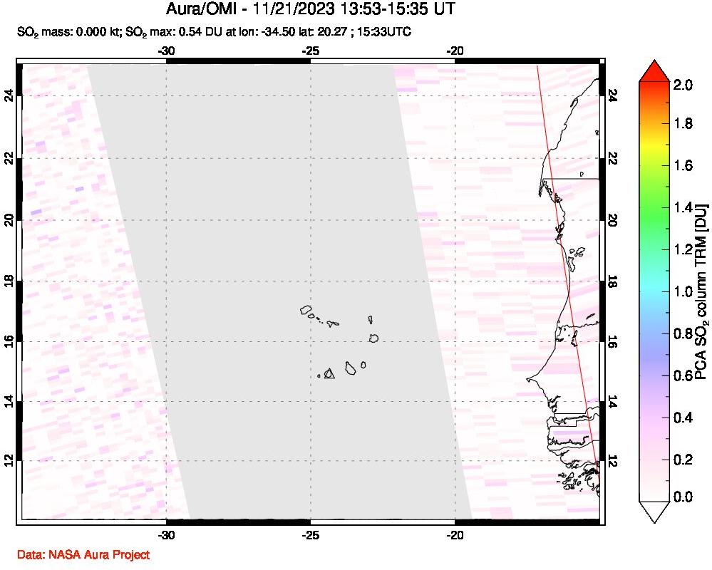 A sulfur dioxide image over Cape Verde Islands on Nov 21, 2023.