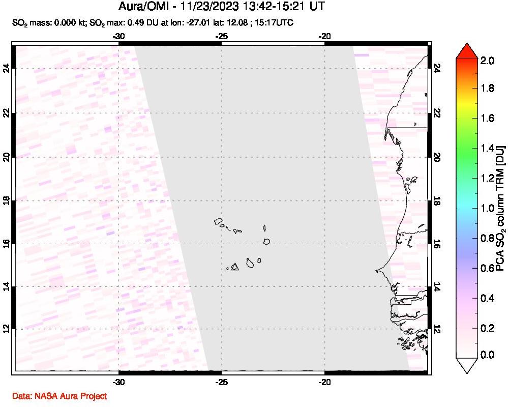 A sulfur dioxide image over Cape Verde Islands on Nov 23, 2023.