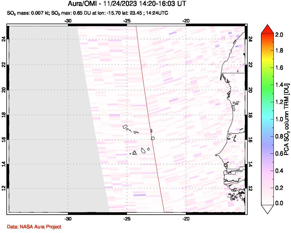 A sulfur dioxide image over Cape Verde Islands on Nov 24, 2023.