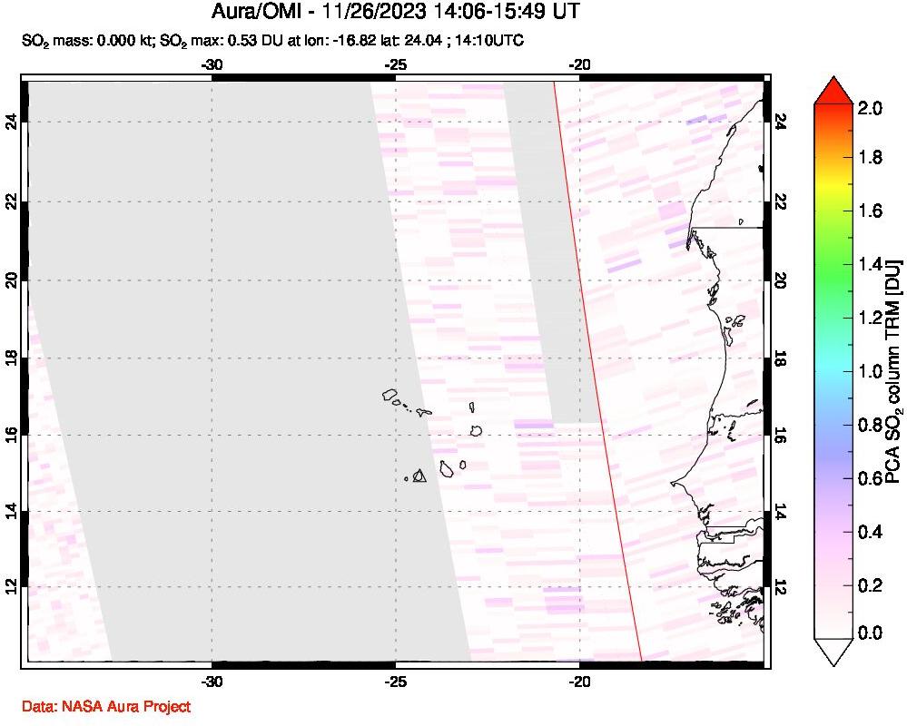 A sulfur dioxide image over Cape Verde Islands on Nov 26, 2023.