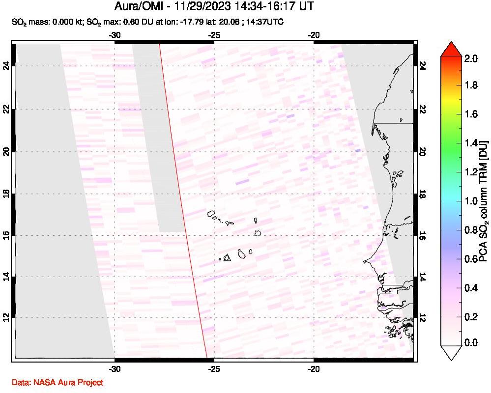 A sulfur dioxide image over Cape Verde Islands on Nov 29, 2023.